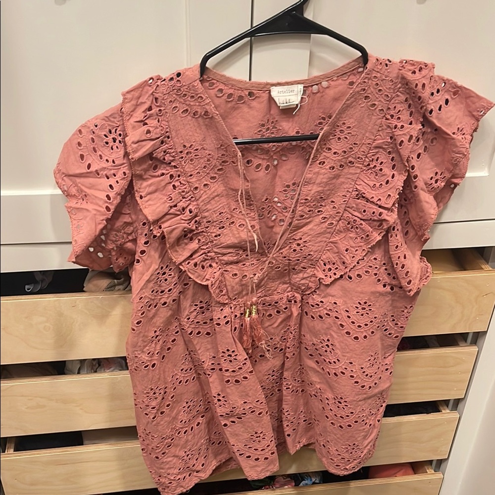 Nicole Miller  Pink Flutter Sleeve Blouse with Ruffled Tie Front